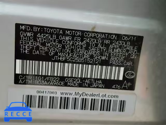 2011 LEXUS IS 250 JTHBF5C25B5152121 image 9