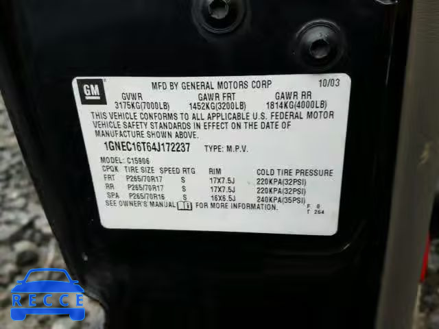 2004 CHEVROLET SUBURBAN C 1GNEC16T64J172237 image 9
