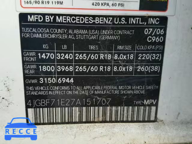 2007 MERCEDES-BENZ GL 450 4MA 4JGBF71E27A151707 зображення 9