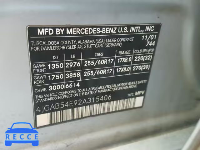 2002 MERCEDES-BENZ ML 320 4JGAB54E92A315406 image 9
