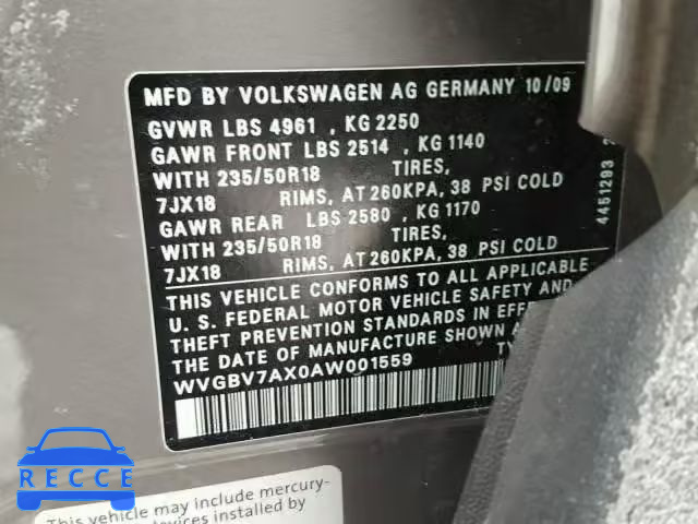 2010 VOLKSWAGEN TIGUAN SE WVGBV7AX0AW001559 image 9