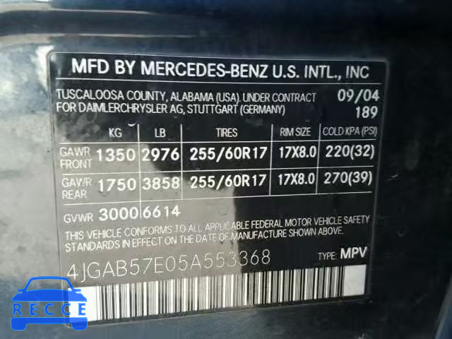 2005 MERCEDES-BENZ ML 350 4JGAB57E05A553368 зображення 9