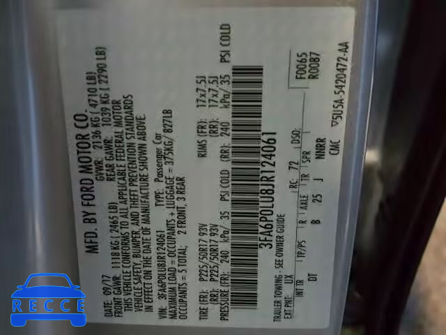 2018 FORD FUSION SE 3FA6P0LU8JR124061 image 9