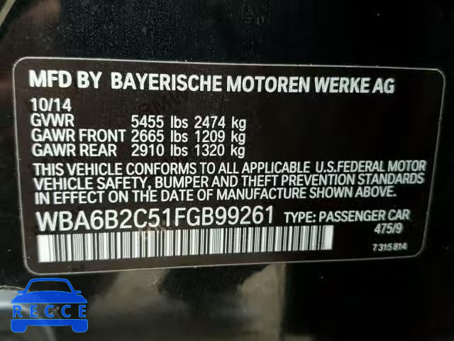 2015 BMW 650 I WBA6B2C51FGB99261 Bild 9