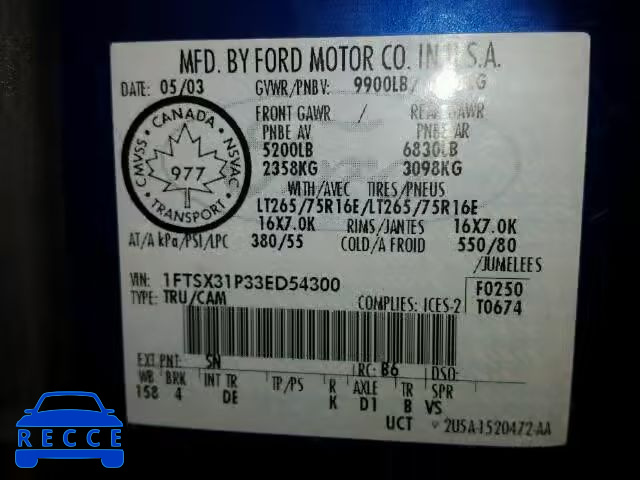 2003 FORD F350 SRW S 1FTSX31P33ED54300 image 9