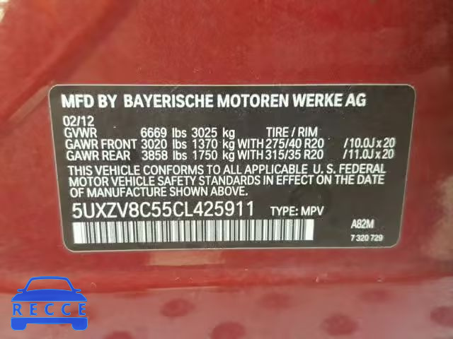 2012 BMW X5 XDRIVE5 5UXZV8C55CL425911 зображення 9