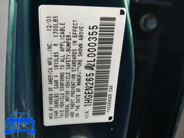 2002 HONDA CIVIC GX 1HGEN26512L000355 image 9