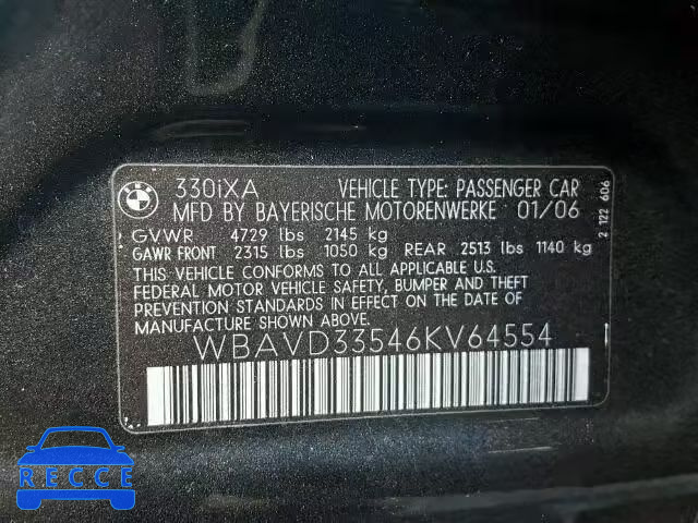 2006 BMW 330 XI WBAVD33546KV64554 зображення 9