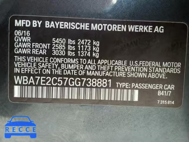 2016 BMW 740 I WBA7E2C57GG738881 Bild 9