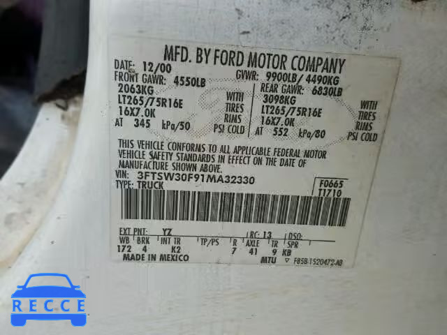 2001 FORD F350 SRW S 3FTSW30F91MA32330 Bild 9