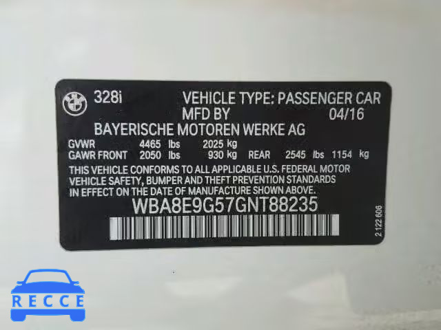 2016 BMW 328I SULEV WBA8E9G57GNT88235 зображення 9