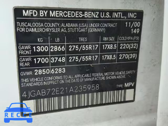 2001 MERCEDES-BENZ ML 430 4JGAB72E21A235958 зображення 9