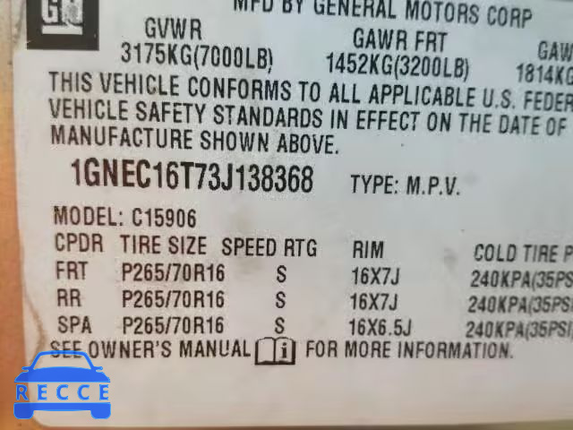 2003 CHEVROLET SUBURBAN C 1GNEC16T73J138368 зображення 9