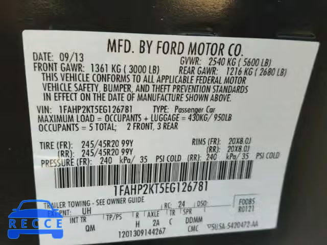 2014 FORD TAURUS SHO 1FAHP2KT5EG126781 зображення 9