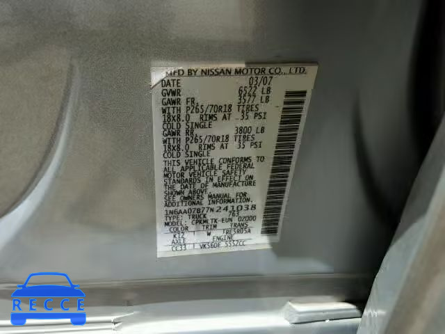 2007 NISSAN TITAN XE 1N6AA07B77N241038 зображення 9