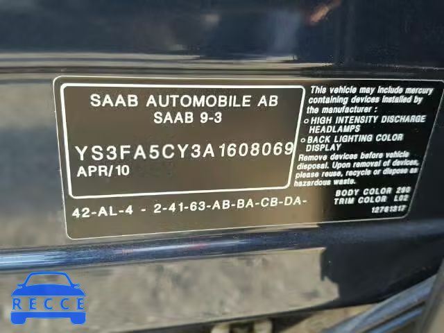 2010 SAAB 9-3 2.0T YS3FA5CY3A1608069 зображення 9