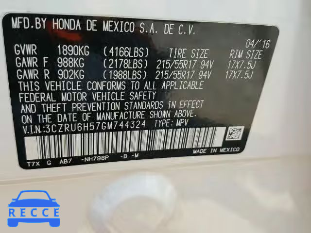 2016 HONDA HR-V EX 3CZRU6H57GM744324 image 9