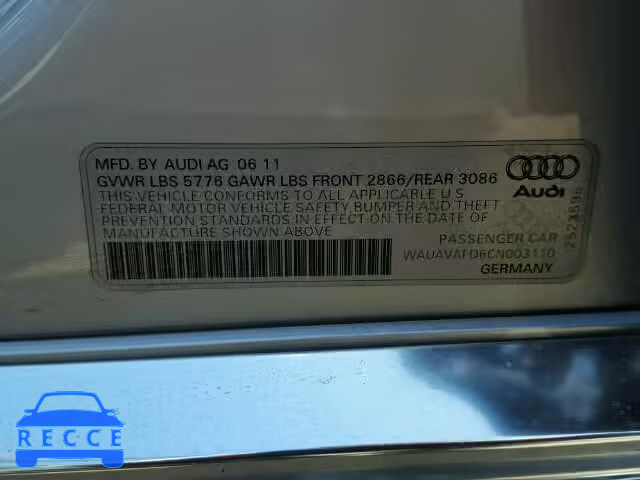2012 AUDI A8 QUATTRO WAUAVAFD6CN003110 image 9