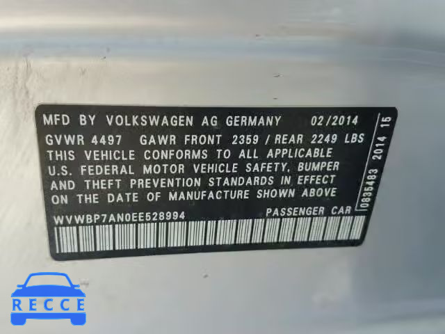 2014 VOLKSWAGEN CC WVWBP7AN0EE528994 image 9