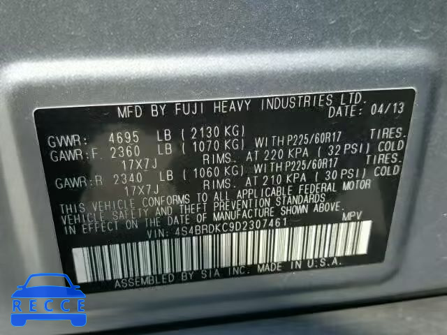 2013 SUBARU OUTBACK 3. 4S4BRDKC9D2307461 image 9