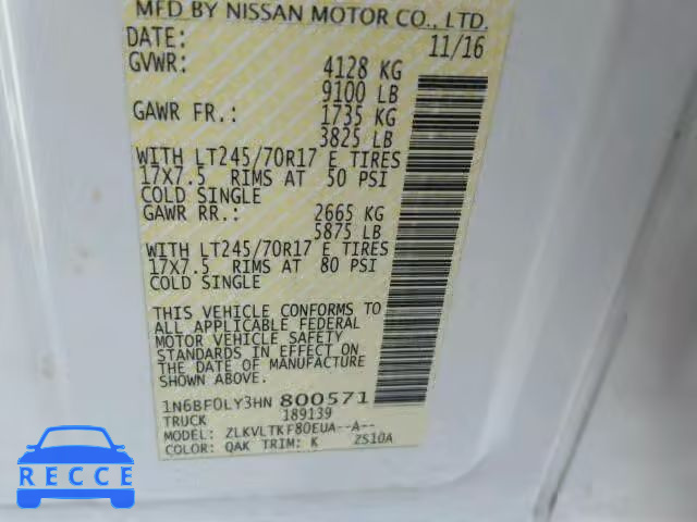 2017 NISSAN NV 2500 S 1N6BF0LY3HN800571 image 9