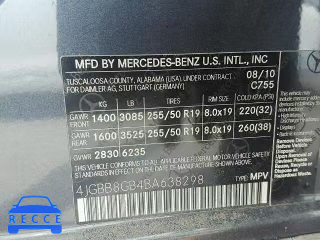 2011 MERCEDES-BENZ ML 350 4MA 4JGBB8GB4BA638298 зображення 9