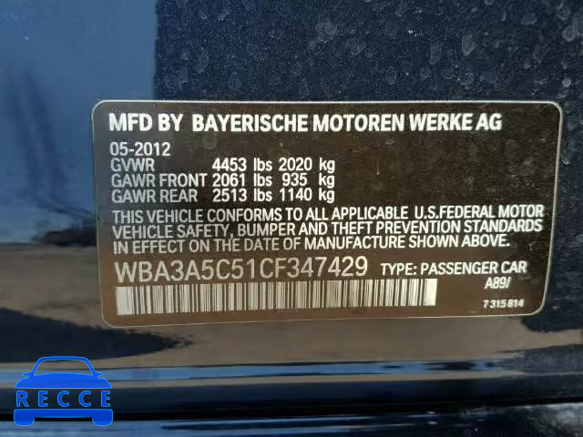 2012 BMW 328 I WBA3A5C51CF347429 зображення 9