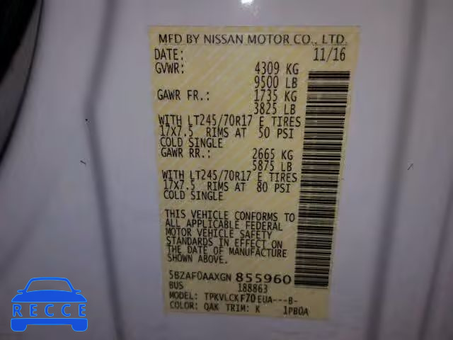 2016 NISSAN NV 3500 5BZAF0AAXGN855960 Bild 9