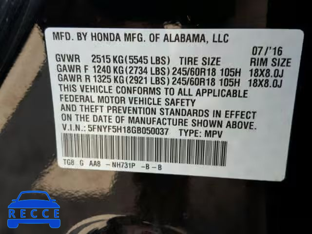 2016 HONDA PILOT LX 5FNYF5H18GB050037 image 9