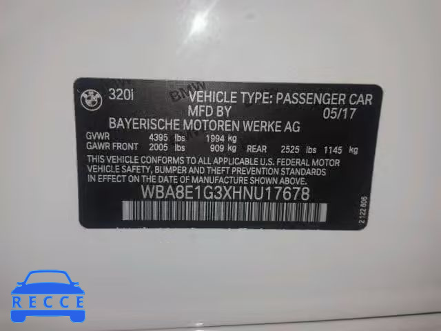 2017 BMW 320 I WBA8E1G3XHNU17678 зображення 9
