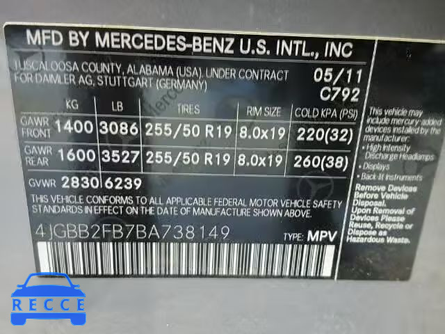 2011 MERCEDES-BENZ ML 350 BLU 4JGBB2FB7BA738149 image 9