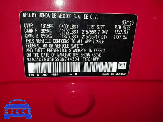 2016 HONDA HR-V EX 3CZRU5H59GM744304 image 9