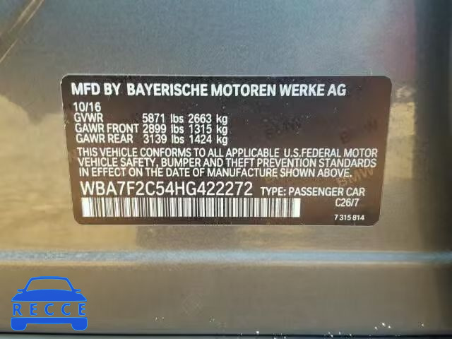 2017 BMW 750 XI WBA7F2C54HG422272 зображення 9