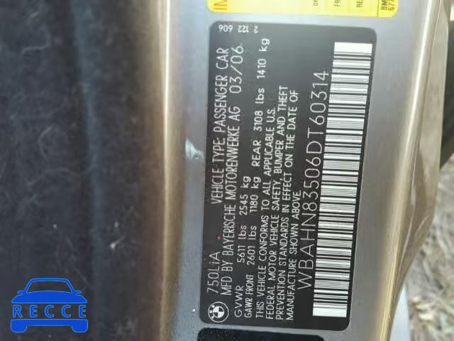 2006 BMW 750 LI WBAHN83506DT60314 image 9