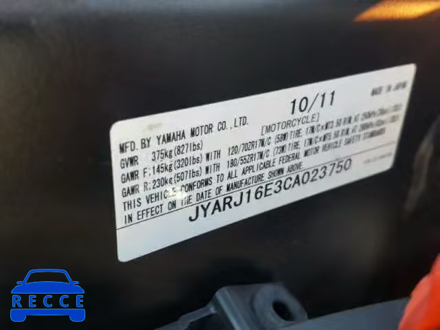 2012 YAMAHA YZFR6 JYARJ16E3CA023750 image 9