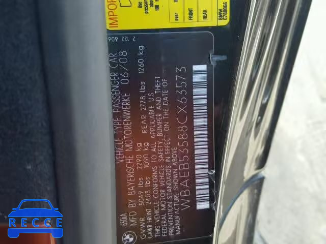 2008 BMW 650 I WBAEB53588CX63573 зображення 9