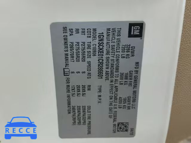 2012 CHEVROLET SUBURBAN C 1GNSCKE01CR286601 image 9