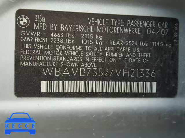 2007 BMW 335 I WBAVB73527VH21336 image 9