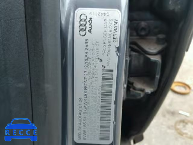 2004 AUDI A6 S-LINE WAUCD64B64N067305 зображення 9