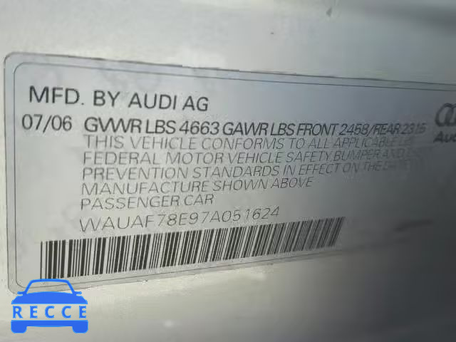 2007 AUDI A4 2 WAUAF78E97A051624 зображення 9