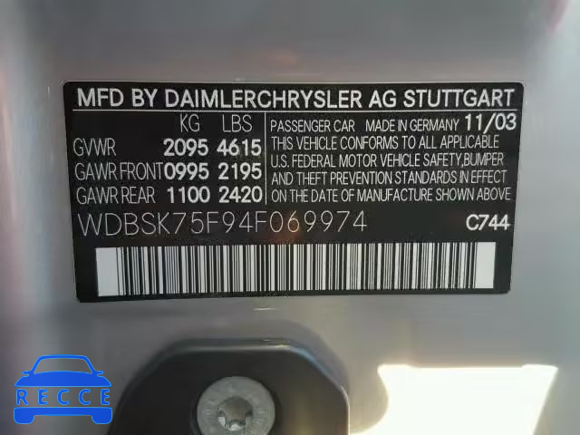 2004 MERCEDES-BENZ SL WDBSK75F94F069974 зображення 9