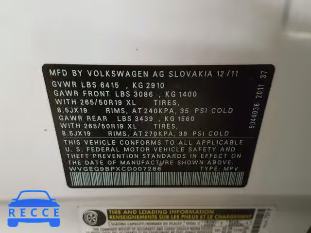 2012 VOLKSWAGEN TOUAREG HY WVGEG9BPXCD007286 image 9