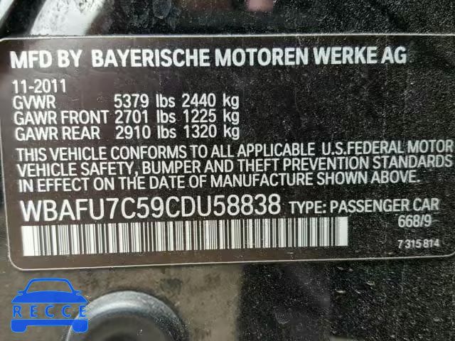 2012 BMW 535 XI WBAFU7C59CDU58838 зображення 9