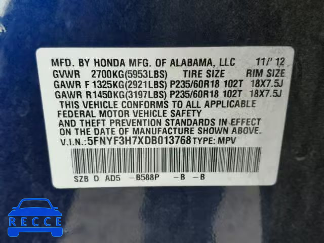 2013 HONDA PILOT EXLN 5FNYF3H7XDB013768 image 9