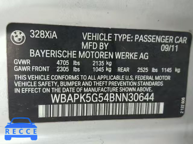 2011 BMW 328 XI SUL WBAPK5G54BNN30644 зображення 9