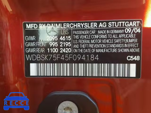 2005 MERCEDES-BENZ SL 500 WDBSK75F45F094184 image 9