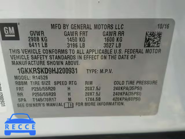 2017 GMC ACADIA LIM 1GKKRSKD9HJ200931 image 9