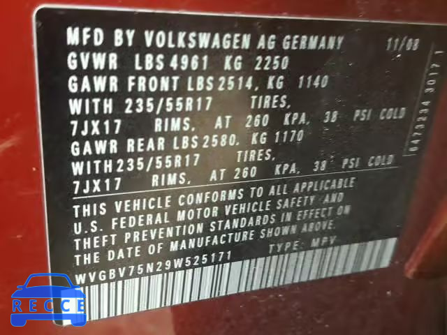 2009 VOLKSWAGEN TIGUAN SE WVGBV75N29W525171 зображення 9