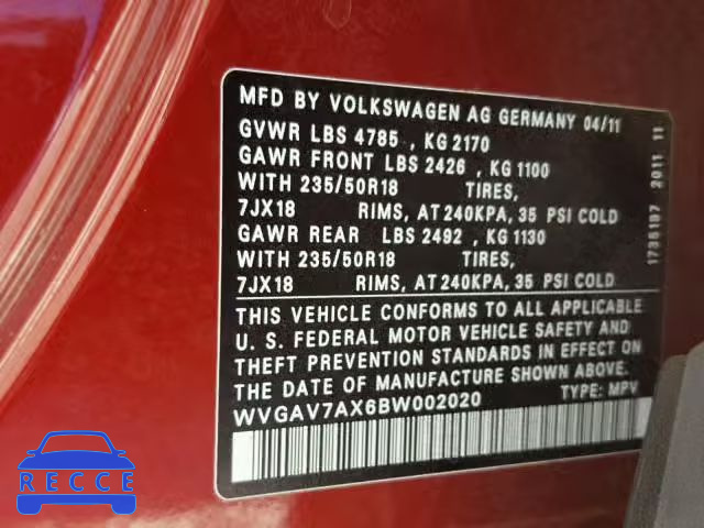 2011 VOLKSWAGEN TIGUAN S WVGAV7AX6BW002020 зображення 9