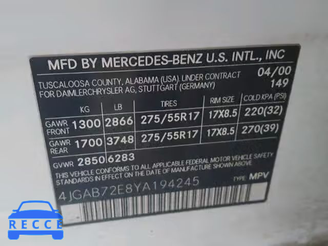 2000 MERCEDES-BENZ ML 430 4JGAB72E8YA194245 зображення 9